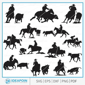 Cutting Horse Silhouette Bundle, Western Cowboy Graphics (svg, png, eps, dxf)