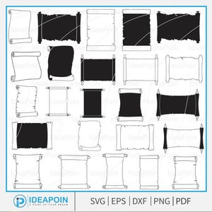 Może przedstawiać: Kolekcja ilustracji zwojów w czerni i bieli. Projekty obejmują zwinięte zwoje, transparenty i papier pergaminowy, z różnym poziomem szczegółowości i cieniowania. Obraz zawiera tekst "IDEAPOIN" oraz opcje typów plików: SVG, EPS, DXF, PNG i PDF.