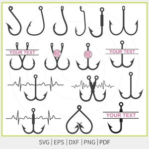 May include: A collection of black fishing hook designs in various styles. Some hooks include text fields that say "YOUR TEXT" and others have monogram initials. The image also includes file type indicators: SVG, EPS, DXF, PNG, and PDF.