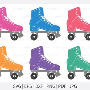 以下が含まれることがあります： ピンク、青、赤、オレンジ、紫、緑の6色のカラフルなローラースケートのコレクション。各スケートは白い靴紐が付いており、黒い車輪が付いた灰色のベースにセットされています。画像には、ファイルタイプのオプションが含まれています：SVG、EPS、DXF、PNG、PDF、JPG。