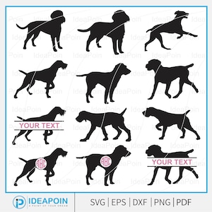 Puede incluir: Una colección de siluetas negras de perros en varias poses, adecuadas para proyectos de manualidades o diseño. Algunos diseños incluyen campos de texto para personalización, y otros un círculo de monograma. La imagen incluye el texto "YOUR TEXT" y "ABC".