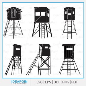 May include: Black and white silhouette illustrations of six different hunting blinds. Each blind is elevated on a platform with a ladder for access. The designs vary in shape and window placement. The bottom of the image includes the text "IDEAPOIN" and file type options.