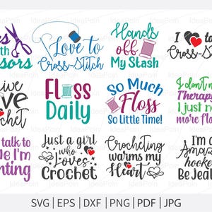 Puede incluir: Una colección de diseños coloridos basados en texto relacionados con el punto de cruz y el ganchillo. Las frases incluyen "Runs with Scissors", "Love to Cross-Stitch" y "I'm an Amazing Hooker". Los diseños presentan imágenes de tijeras, hilo y agujas.