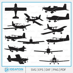 Puede incluir: Una colección de siluetas negras de aviones en varios diseños. La imagen incluye diferentes tipos de aeronaves, como aviones monomotor y con hélices. La esquina inferior derecha muestra el texto "SVG | EPS | DXF | PNG | PDF".