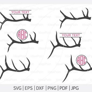 Puede incluir: Una colección de diseños de cuernos de color gris oscuro, algunos con campos de texto etiquetados como "YOUR TEXT" y otros con un área de monograma circular. La imagen incluye opciones de formato de archivo: SVG, EPS, DXF, PNG, PDF y JPG.
