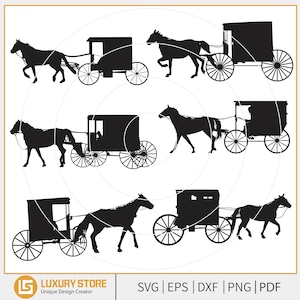 May include: Black silhouette illustrations of horse-drawn carriages in various poses. The image includes several different carriage designs, each pulled by a horse. The image also includes the text "SVG | EPS | DXF | PNG | PDF" and the logo for Luxury Store.