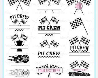 Equipo de boxes SVG, diseño personalizado de equipo de boxes, bandera a cuadros SVG, coche de carreras PNG, monograma de equipo de boxes, cumpleaños de equipo de boxes