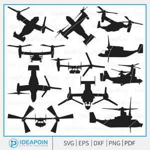 May include: A collection of black silhouette illustrations of military aircraft, including tiltrotor and helicopter designs. The image features various angles and perspectives of the aircraft. The bottom right corner displays the text "SVG | EPS | DXF | PNG | PDF".