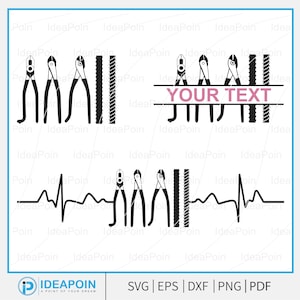 May include: Black and white vector graphics showing pliers and rebar. The designs include arrangements of pliers, rebar, and text boxes for customisation. The bottom design incorporates a heartbeat line. Suitable for construction or DIY projects.