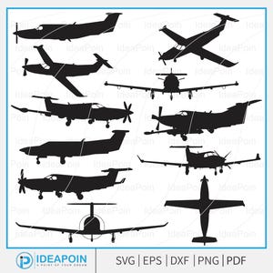 May include: A collection of black airplane silhouettes in various designs. The image includes propeller planes and jet aircraft, suitable for aviation-themed projects. The bottom of the image includes the text "IDEAPOIN" and file type formats: SVG, EPS, DXF, PNG, and PDF.