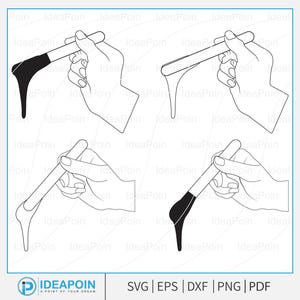 Puede incluir: Ilustraciones en blanco y negro de una mano sosteniendo una herramienta similar a una espátula con una sustancia oscura goteando. La imagen es un gráfico vectorial, con las palabras "SVG | EPS | DXF | PNG | PDF" en la parte inferior.