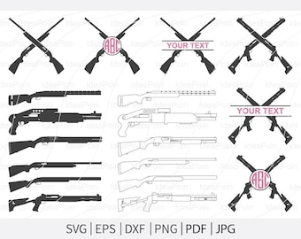 May include: A collection of vector illustrations of shotguns and crossed rifles. Includes various shotgun designs in silhouette and outline, along with customizable text boxes and monogram options. Formats include SVG, EPS, DXF, PNG, PDF, and JPG.