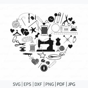 Puede incluir: Ilustración en blanco y negro de elementos de costura dispuestos en forma de corazón. La imagen incluye una máquina de coser, carretes de hilo, tijeras, botones, agujas y un maniquí de costura. La parte inferior de la imagen contiene el texto "SVG | EPS | DXF | PNG | PDF | JPG".