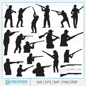 Op de afbeelding: Een verzameling zwarte silhouet illustraties van mensen die geweren vasthouden in verschillende schietposities. De afbeelding bevat de tekst "IDEAPOIN" en bestandstype-indicatoren: SVG, EPS, DXF, PNG en PDF.