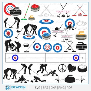 May include: A selection of curling-themed vector graphics in black, white, red, blue, and yellow. Features silhouettes of players, curling stones, brooms, and targets. Text elements include "YOUR TEXT" and file type indicators.