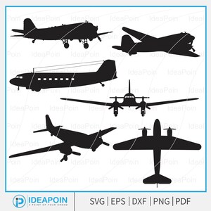 May include: A collection of black airplane silhouettes in various designs. The image includes several types of aircraft, such as propeller planes and jets. The bottom of the image includes the text "SVG | EPS | DXF | PNG | PDF".