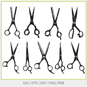 May include: A collection of black scissors in various styles, including hair shears and thinning shears. The image features multiple pairs of scissors, each with a distinct blade design and handle shape. The bottom of the image includes the text "SVG | EPS | DXF | PNG | PDF".
