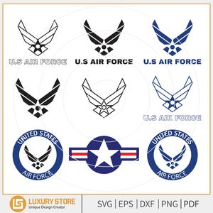 May include: A collection of U.S. Air Force emblems in black, blue, and outline designs. The text "U.S. AIR FORCE" appears below some emblems. Other designs include a circular emblem with "UNITED STATES AIR FORCE" and a star with red and blue stripes.