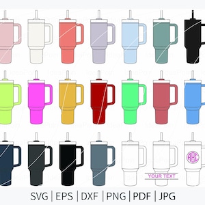 May include: A collection of insulated tumblers in various colors, including pink, white, red, purple, blue, green, and black. Each tumbler has a handle, a lid, and a straw. The image also includes SVG, EPS, DXF, PNG, PDF, and JPG file format options.