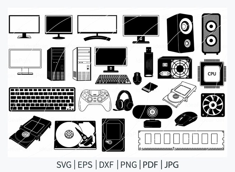 Puede incluir: Ilustraci&oacute;n vectorial en blanco y negro de componentes de hardware de computadora, que incluyen monitores, torres de computadora, un teclado, un rat&oacute;n, altavoces y una CPU. Tambi&eacute;n se muestra una unidad USB, una c&aacute;mara web y un controlador de juegos.