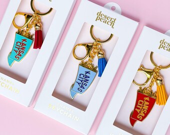 KC Pennant Keychain, Kansas City Chiefs Stocking Stuffer, Christmas Gift for Chiefs Fan, Cute KC Keychain with Tassel, Holiday Gift for Girl