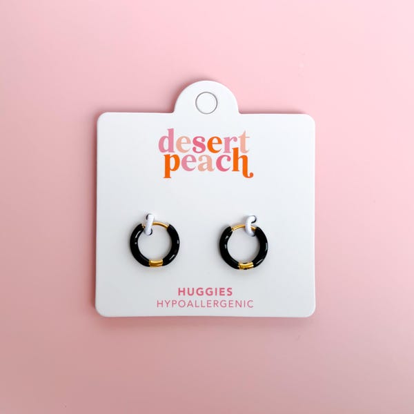 Aros negros Huggie, aros esmaltados para dijes intercambiables, aros hipoalergénicos