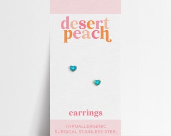 Aqua Glitter Heart Stud Earrings, Hypoallergenic, Nickel Free, Flat Back Studs, Gift for My Daughter, Stocking Stuffer for Girl