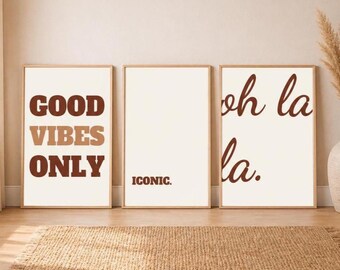 Funny Wall Art Printable Set of 3 – ICONIC & oh la la Retro Posters, Terracotta Aesthetic Room Decor, Instant Download