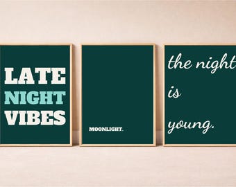 Night Owl Wall Art Set of 3, Instant Download, Teal Aesthetic Bedroom Decor, Late Night Vibes Print, Typography Poster