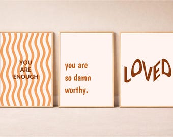 You Are Enough Print, Instant Download, Set of 3 Peach Self Love Wall Art, Typography Poster, Warm Toned Bedroom Decor