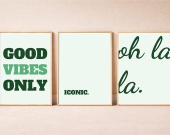 Funny Wall Art Printable Set of 3 – ICONIC & oh la la Retro Posters, Mint Aesthetic Room Decor, Instant Download