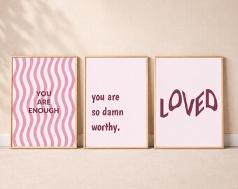 You Are Enough Print, Instant Download, Set of 3 Blush Pink Self Love Wall Art, Typography Poster, Bedroom Wall Decor