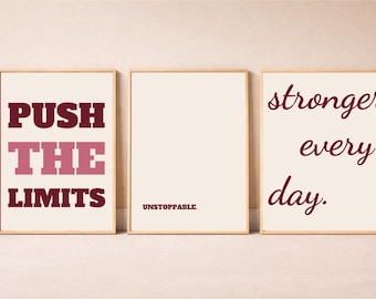 Burgundy Cream Gym Wall Art Set of 3, Aesthetic Fitness Print, Instant Download, Motivational Poster