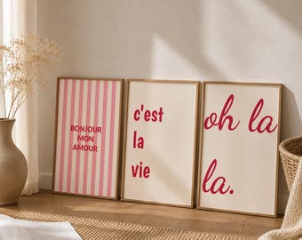 Chic French Girl Wall Art Printable Set of 3 – "oh la la." Quote Poster, Pink Parisian Bedroom Decor, Instant Download