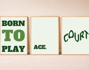 Green Tennis Wall Art Set of 3, Aesthetic Tennis Girl Print, Instant Download, Sports Room Decor