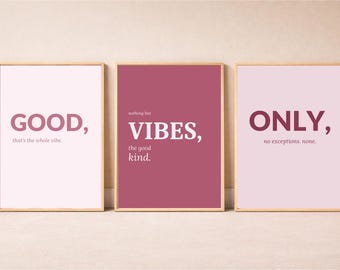 Good Vibes Only Print, Instant Download, Set of 3 Blush Pink Aesthetic Wall Art, Playful Typography Poster, Fun Home Decor