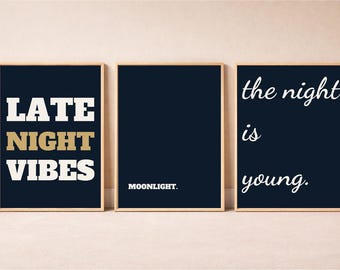 Night Owl Wall Art Set of 3, Instant Download, Midnight Aesthetic Bedroom Decor, Late Night Vibes Print, Typography Poster