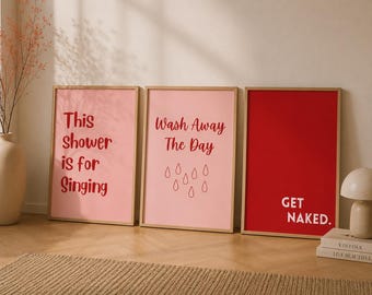 Funny Bathroom Wall Art Printable Set – “Get Naked” Poster, Pink Aesthetic Decor, Cute Bathroom Prints, Instant Download