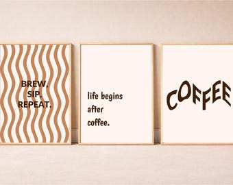 Coffee Lover Wall Art Set of 3, Instant Download, Mocha Aesthetic Kitchen Decor, Brew Sip Repeat Print, Typography Poster