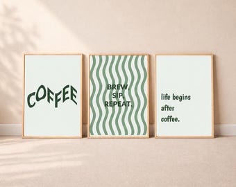 Coffee Lover Wall Art Set of 3, Instant Download, Sage Green Aesthetic Kitchen Decor, Brew Sip Repeat Print, Typography Poster