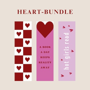 Könnte beinhalten: Heart-Bundle aus drei Lesezeichen. Ein Lesezeichen hat ein Schachbrettmuster mit roten Herzen. Ein anderes hat ein großes rotes Herz und den Text "A book a day keeps reality away". Das dritte Lesezeichen hat den Text "hot girls read".