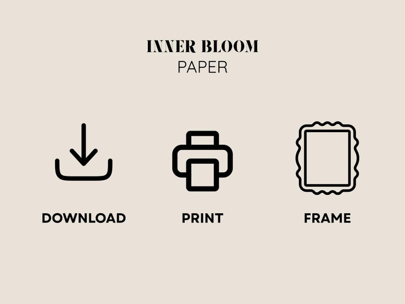 Op de afbeelding: De tekst INNER BLOOM PAPER staat bovenaan. Daaronder staan drie zwarte lijniconen: een downloadpijl, een printer en een lijst met een geschulpte rand. Onder deze iconen staan de woorden DOWNLOAD, PRINT en FRAME in zwarte letters.