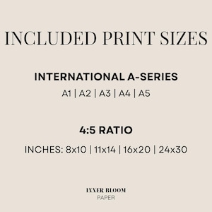 Op de afbeelding: Een beige informatiegrafiek met zwarte tekst die afdrukformaten vermeldt. Het toont de internationale A-serie formaten A1, A2, A3, A4, A5 en 4:5 verhoudingen in inches: 8x10, 11x14, 16x20, 24x30. De onderste tekst luidt INNER BLOOM PAPER.