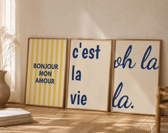 Chic French Girl Wall Art Printable Set of 3 – "oh la la." Quote Poster, Yellow Parisian Bedroom Decor, Instant Download