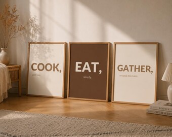 Cook Eat Gather Print, Instant Download, Set of 3 Beige Kitchen Wall Art, Neutral Typography Poster, Aesthetic Home Decor