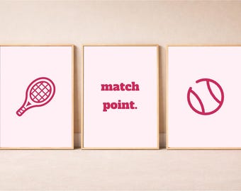 Playful Tennis Wall Art Printable Set of 3 – Match Point Poster, Pink Aesthetic Sports Decor, Instant Download
