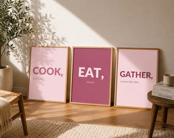 Cook Eat Gather Print, Instant Download, Set of 3 Blush Pink Kitchen Wall Art, Feminine Typography Poster, Aesthetic Home Decor