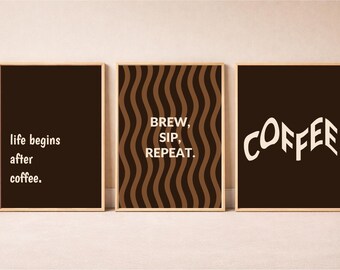 Coffee Lover Wall Art Set of 3, Instant Download, Dark Aesthetic Kitchen Decor, Brew Sip Repeat Print, Typography Poster