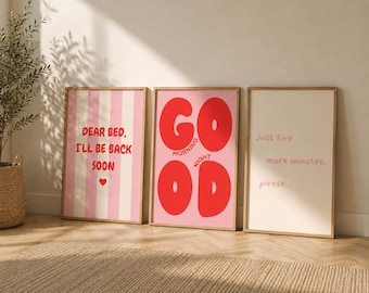 Funny Bedroom Wall Art Printable Set of 3 – Pink & Red Quote Posters, Morning/Night Humor Decor, Aesthetic Room Digital Download