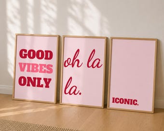 Funny Wall Art Printable Set of 3 – ICONIC & oh la la Retro Posters, Pink Aesthetic Room Decor, Instant Download